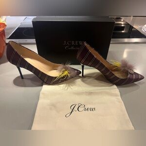 JCrew collection purple striped with feathers and jewel embellishments.